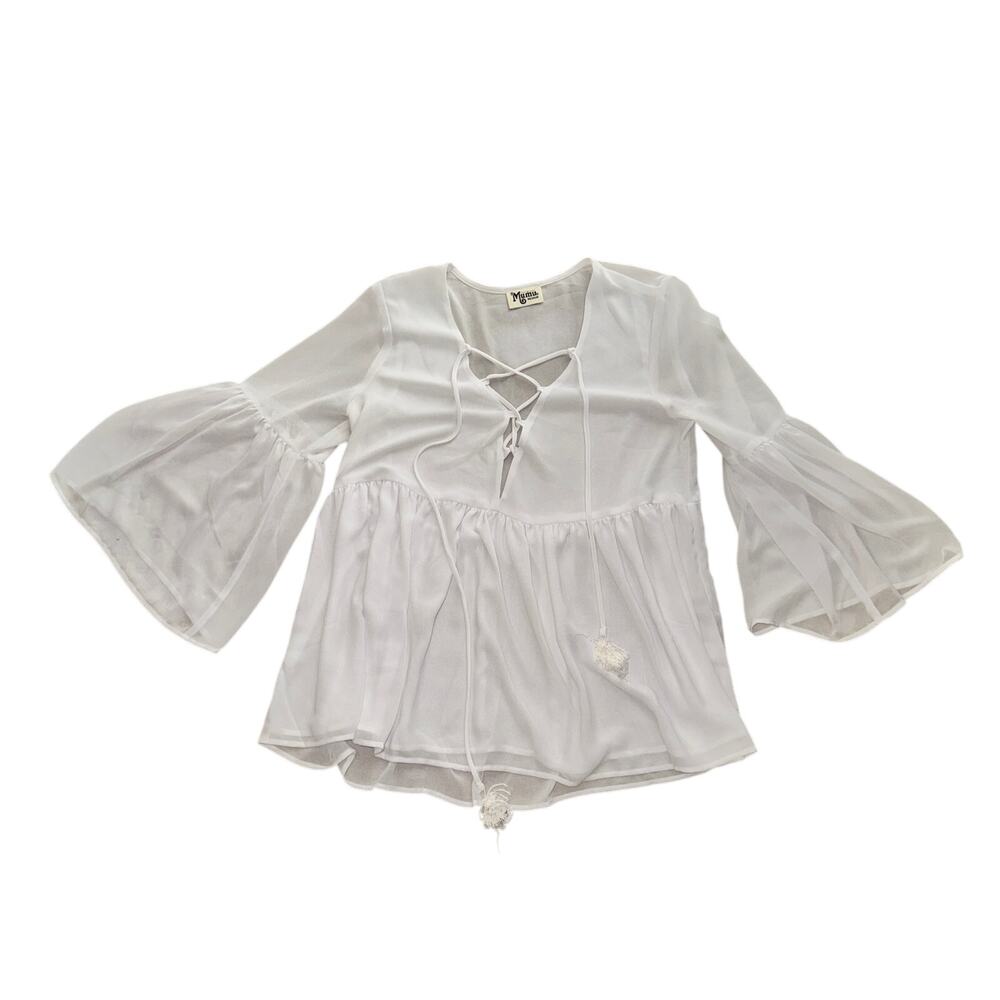 Show Me Your Mumu Poet Tie Top Women's Size M White Chiffon Bell Sleeve Sheer